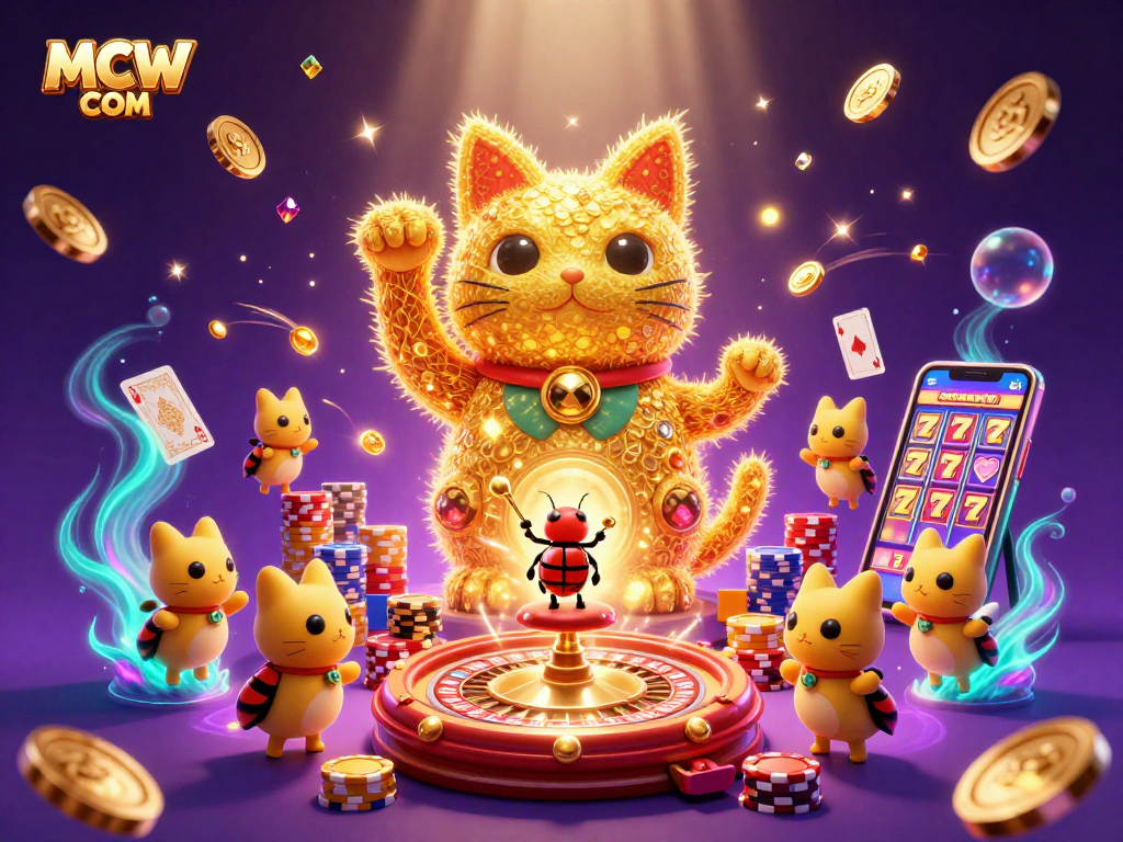 Experience thrilling wins at MCW COM with a vibrant casino scene featuring a lucky cat.