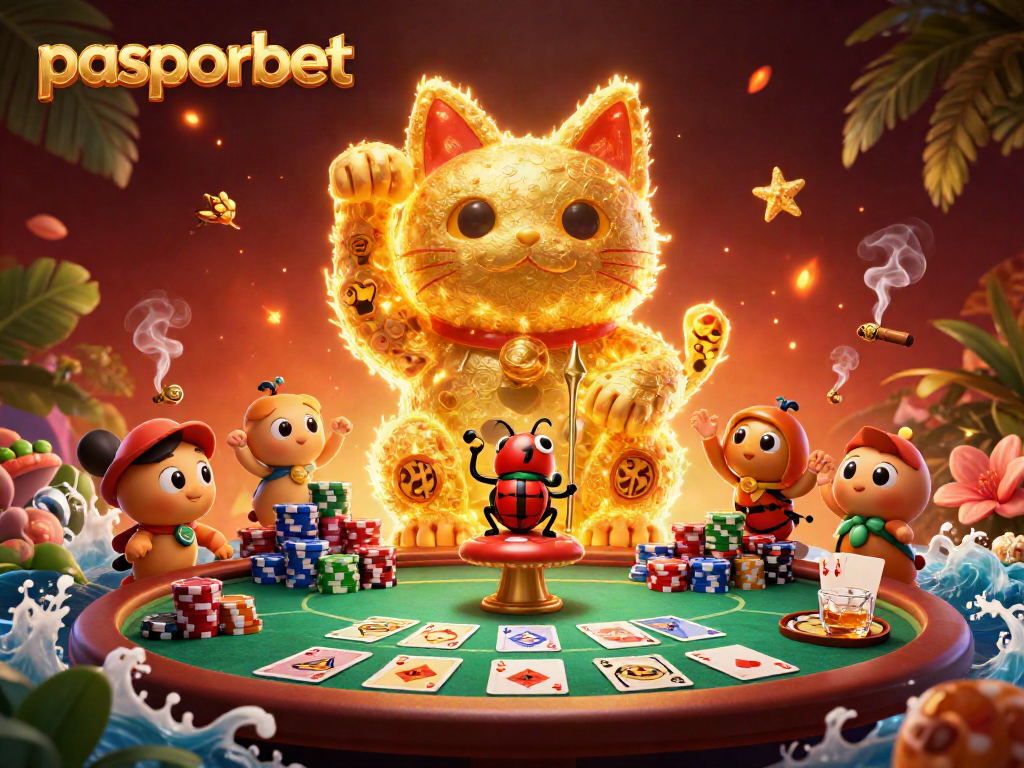 Menggandakan keberuntungan Anda di pasporbet dengan ilustrasi kucing keberuntungan dan simbol kasino.