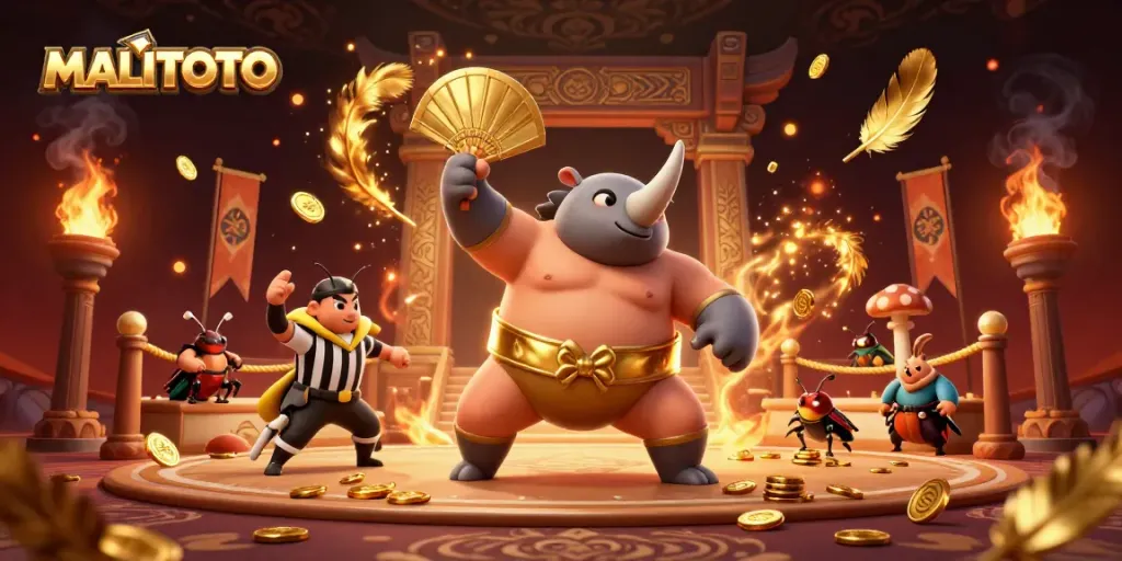 Experience excitement at MALITOTO with a sumo champion beetle stomping gold coins in a vibrant casino scene.