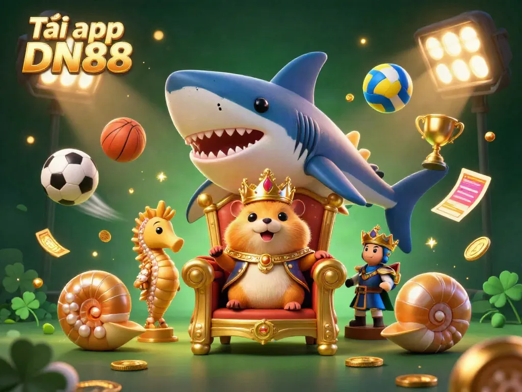 Tải app DN88 for a seamless mobile gaming experience with the dynamic illustration of a hamster king and casino elements.