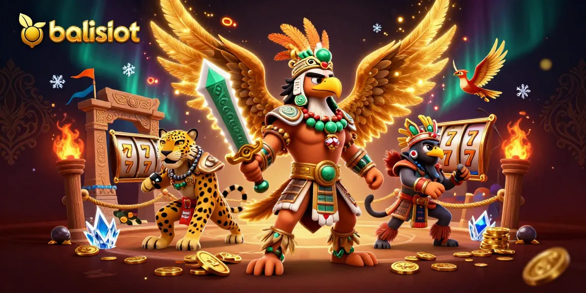 Permainan balislot dengan pejuang Aztec dan simbol keberuntungan yang mengelilinginya.
