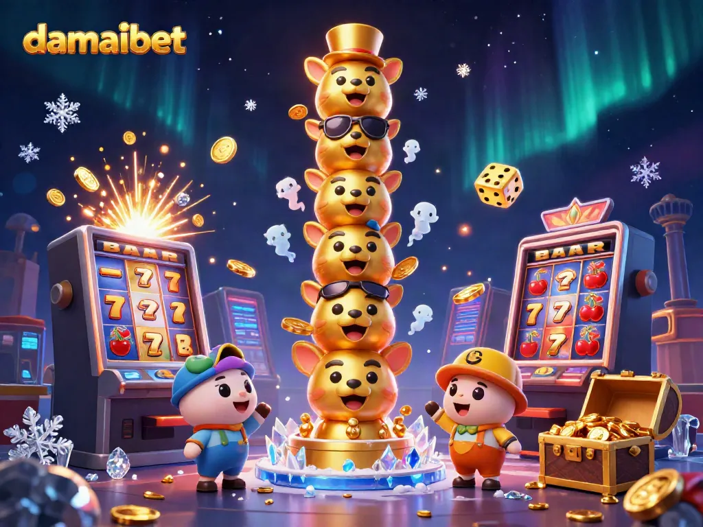 Menggali jackpot dengan permainan slot di damaibet, menampilkan totem kartun emas dan simbol ikonik.