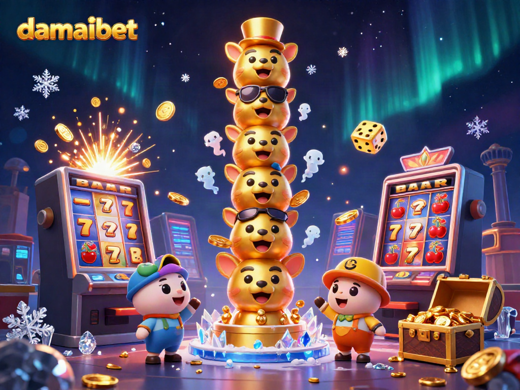 Menggali jackpot dengan permainan slot di damaibet, menampilkan totem kartun emas dan simbol ikonik.