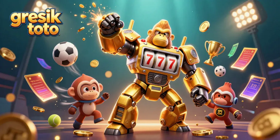 Experience the thrill of gaming at gresik toto with a dynamic 3D illustration of a mechanical gorilla mech in action.