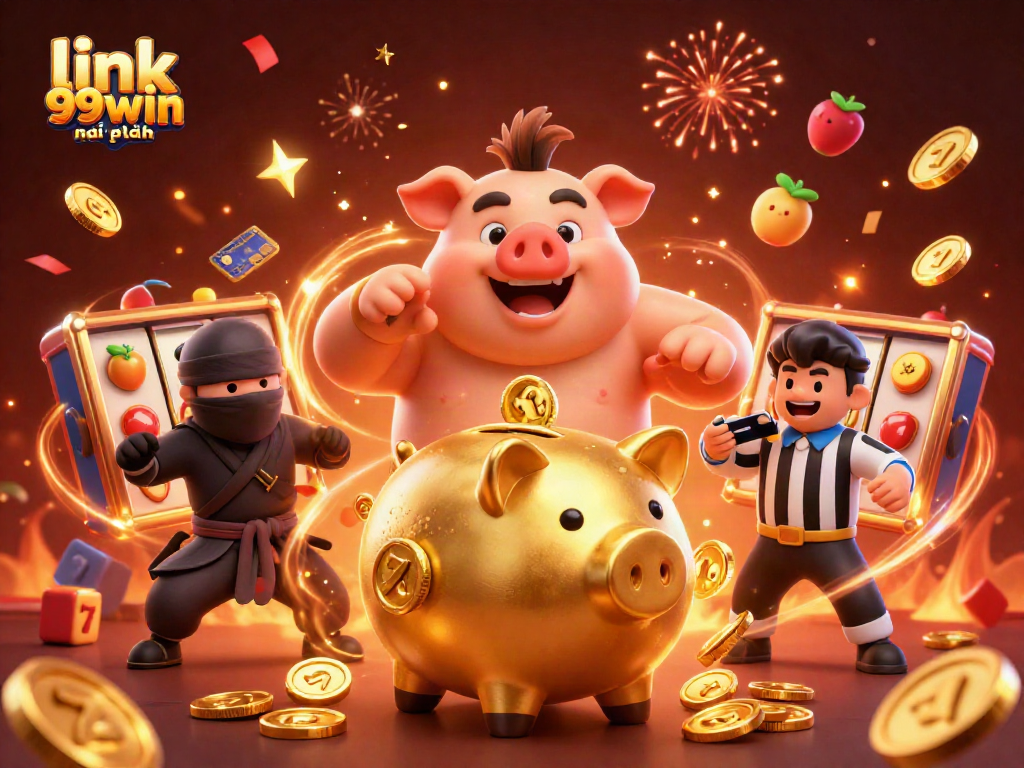 Win big with the link 99win mới nhất as a golden piggy bank sumo wrestles in a festive casino scene.