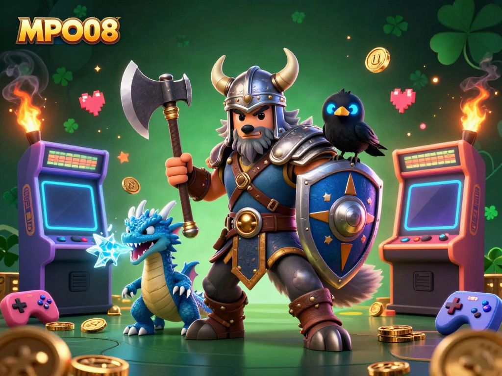 MPO08 showcases a vibrant illustration of a Viking wolf warrior, dragon, and raven amidst dazzling gaming elements for an exciting atmosphere.