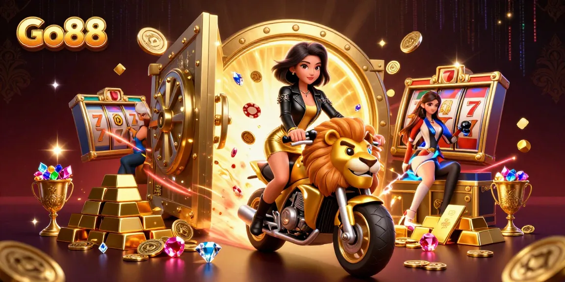 Experience thrilling slots and jackpots with Go88 while riding a golden lion mascot!