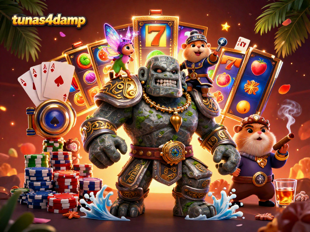 Spin to win big at tunas4damp with a vibrant illustration of magical characters and slot reels.