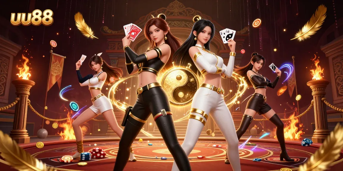 Engage with the dynamic world of uu88, featuring twin Asian women in an energetic casino scene.