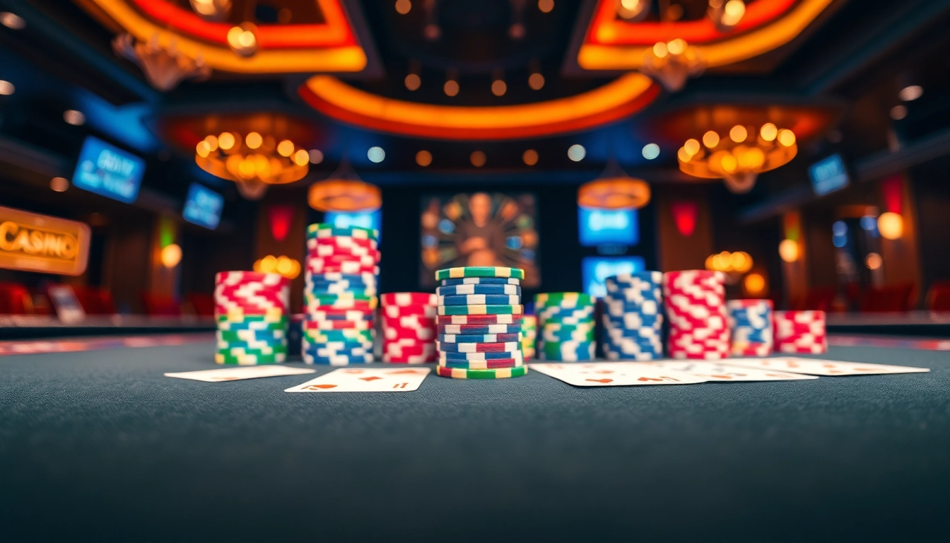 Permainan menarik di tunai 138 dengan tumpukan chip poker berwarna-warni.