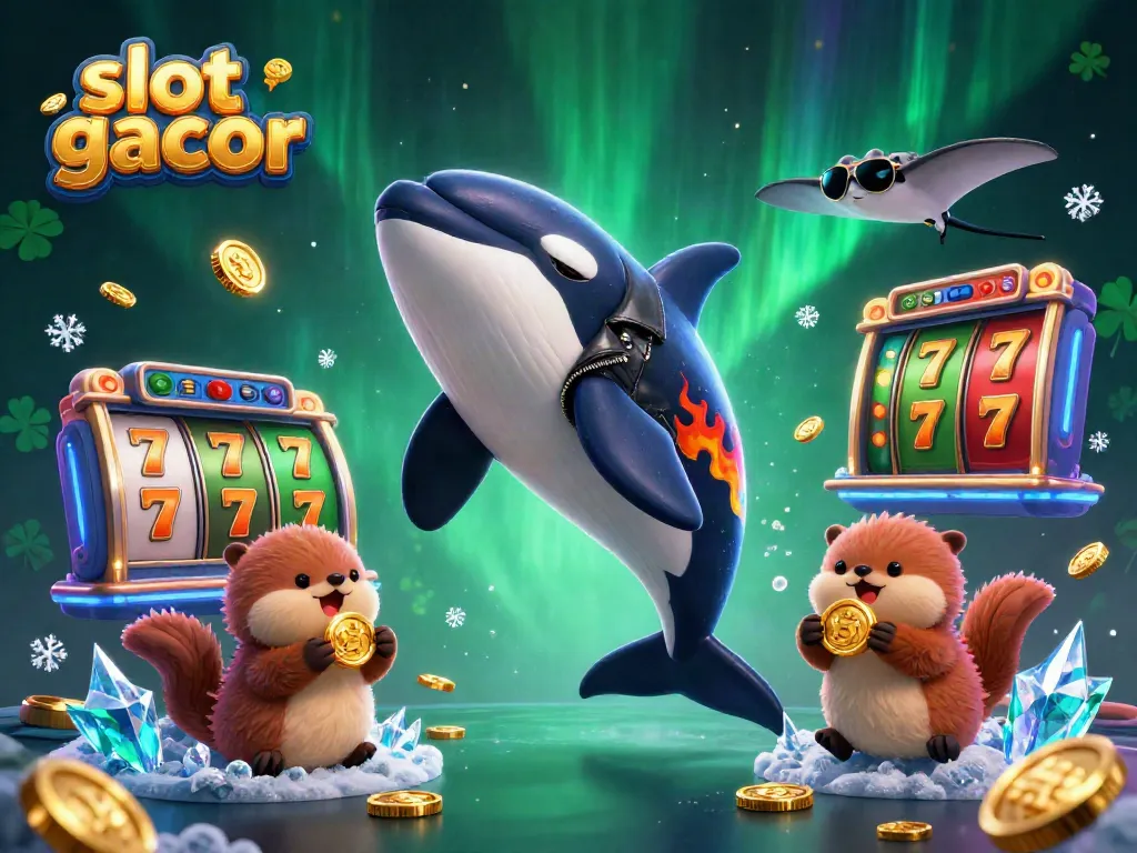 Engage with exciting slot gacor gaming with an orca, stingray, and sea otters enjoying golden coins.