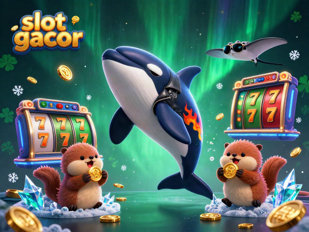 Engage with exciting slot gacor gaming with an orca, stingray, and sea otters enjoying golden coins.