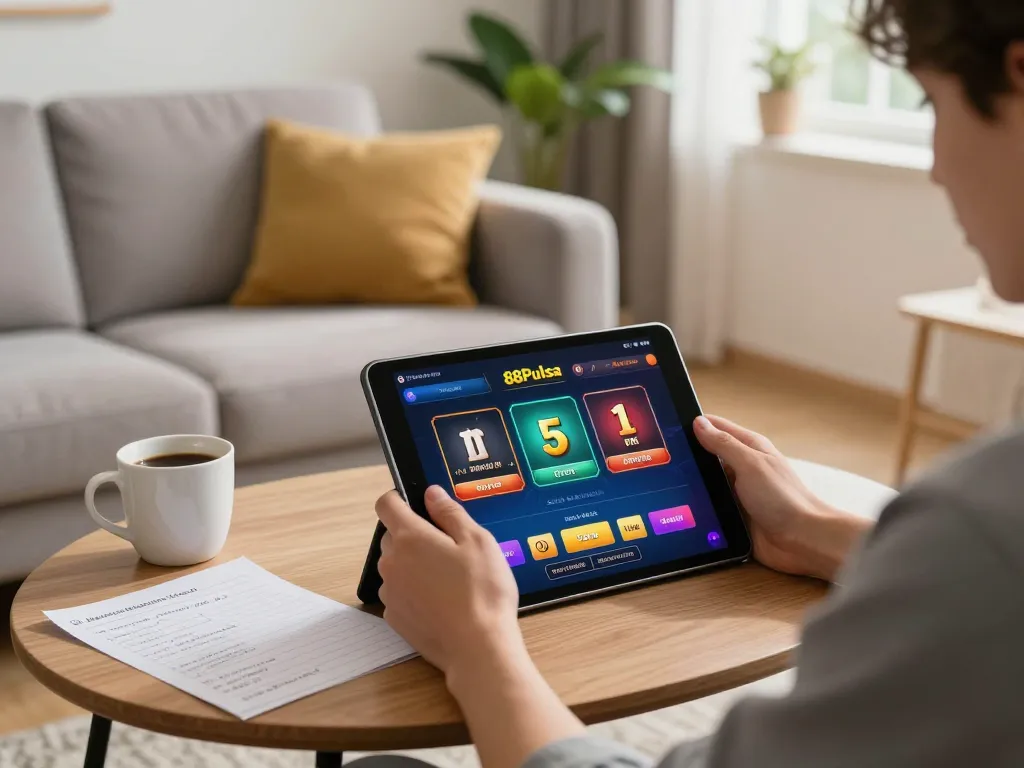 Bergabunglah dalam permainan yang mendebarkan di platform 88Pulsa dengan seorang pemain yang menggunakan tablet, menyoroti pengaturan permainan yang nyaman di rumah.