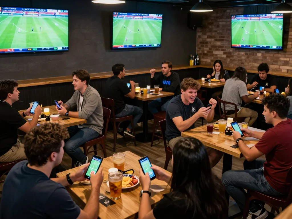 Fans cheering for live matches on Vuasanco while enjoying sports betting in a lively sports bar atmosphere