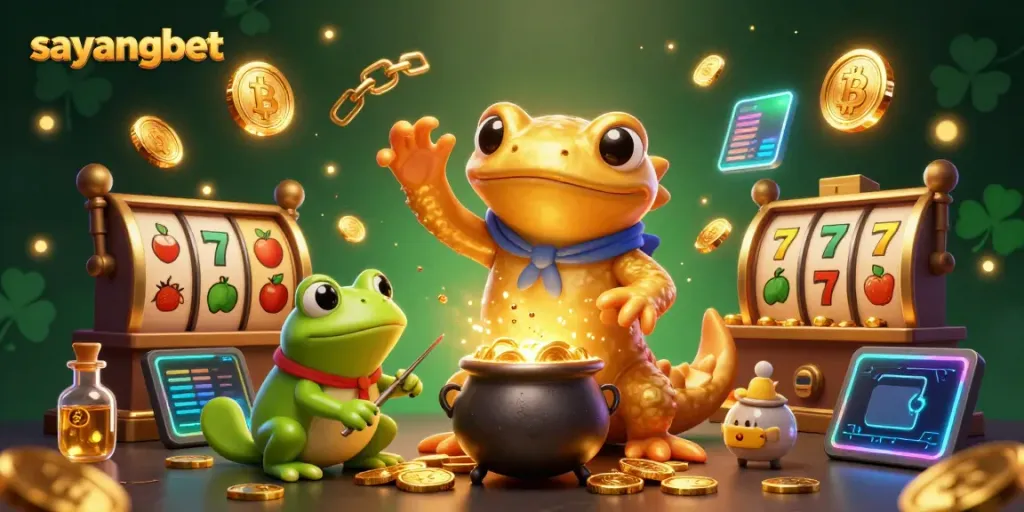Join sayangbet in a lively scene with a golden salamander alchemist transmuting metals into coins amidst vibrant slot game elements.