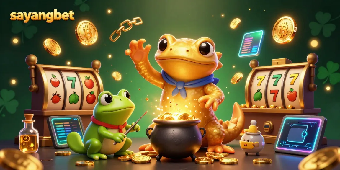 Join sayangbet in a lively scene with a golden salamander alchemist transmuting metals into coins amidst vibrant slot game elements.