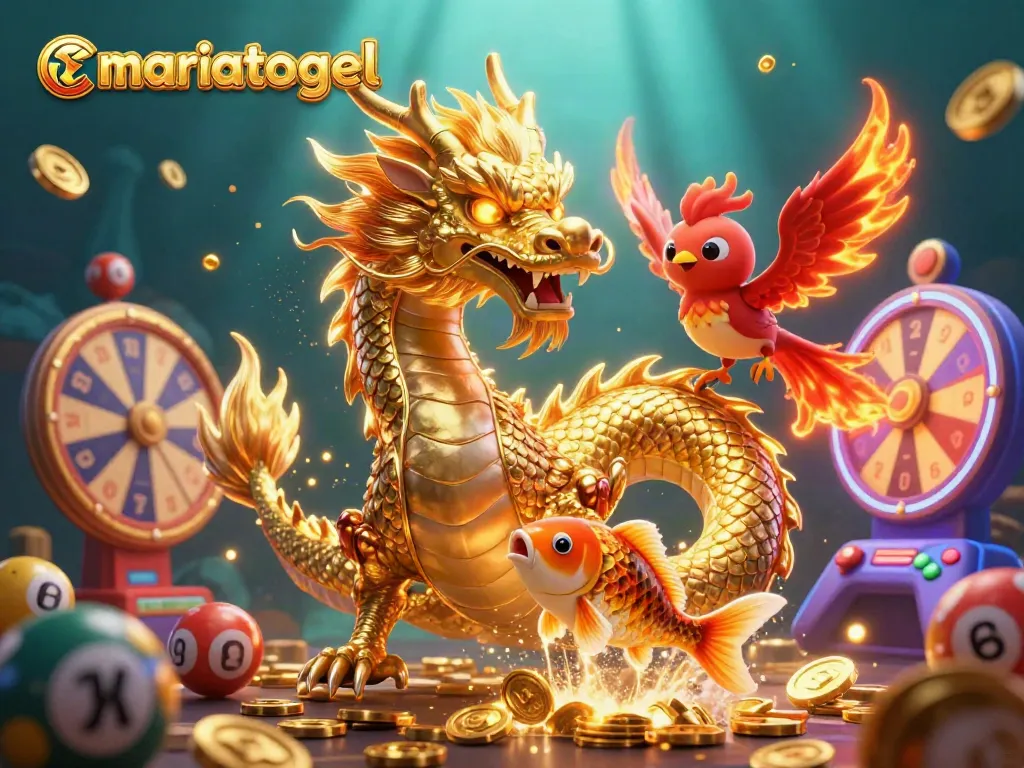 Play exciting lottery games at mariatogel with a fierce dragon, phoenix, and koi in a vibrant scene.