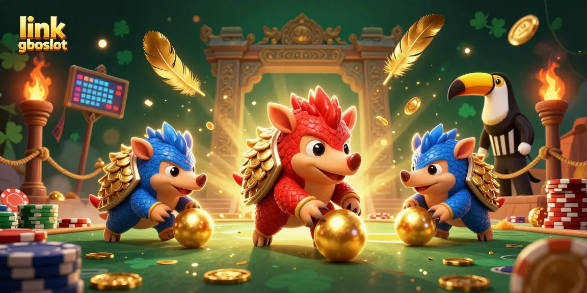 Menggulung bola emas dalam permainan, link gboslot menampilkan pangolin bergulat ribuan chip poker dan koin emas.