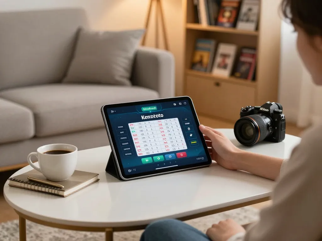 Pengguna Kenzototo terlibat dalam perjudian online, melacak hasil Toto Macau di tablet di ruang tamu yang nyaman.