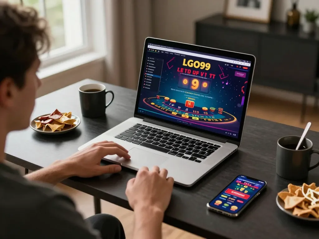 Pemain LGO99 berpartisipasi dalam blackjack dealer langsung di pengaturan rumah yang rapi dengan laptop dan smartphone.