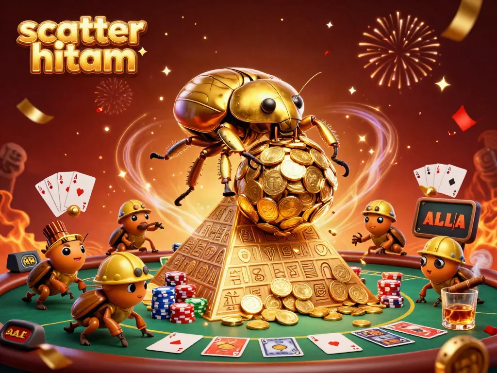 Menangkan permainan scatter hitam dengan ilustrasi 3D dari beetle emas dan simbol kasino yang menakjubkan.