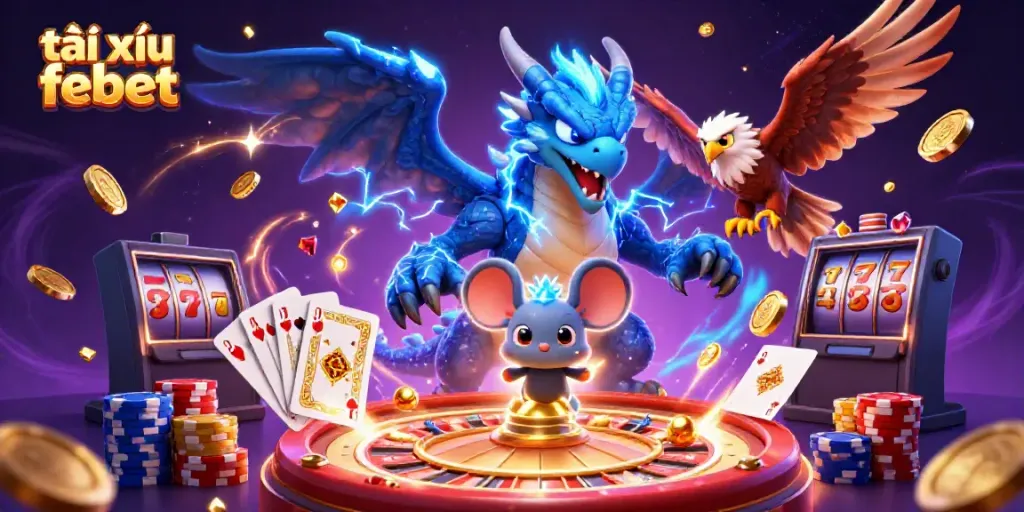 Engage with thrilling tài xỉu febet action featuring dynamic characters, golden coins, and casino elements.