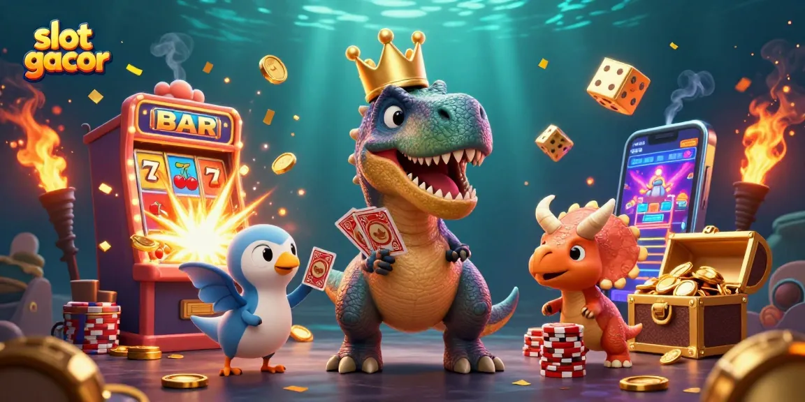 Experience slot gacor excitement as a T-Rex shuffles cards amid a jackpot explosion!