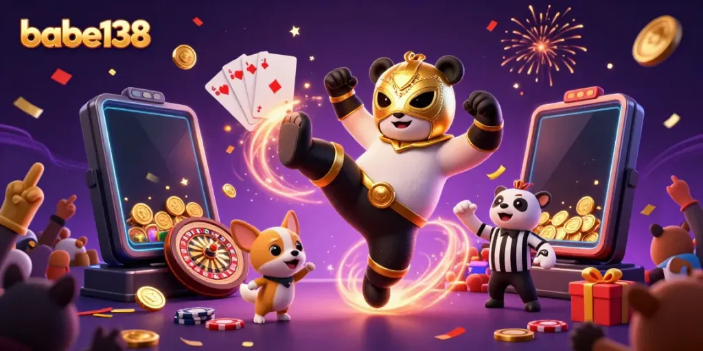 Permainan slot yang menarik di babe138 dengan panda petarung dan para penonton hewan yang excited.