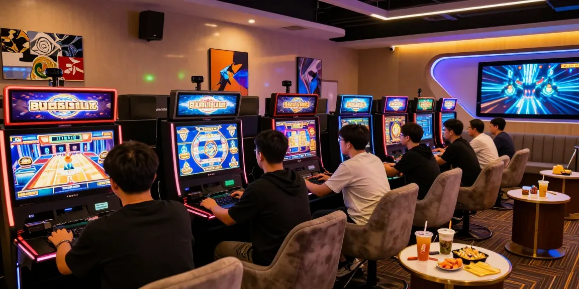 Engaged players enjoying situs slot games in a vibrant, modern gaming lounge.