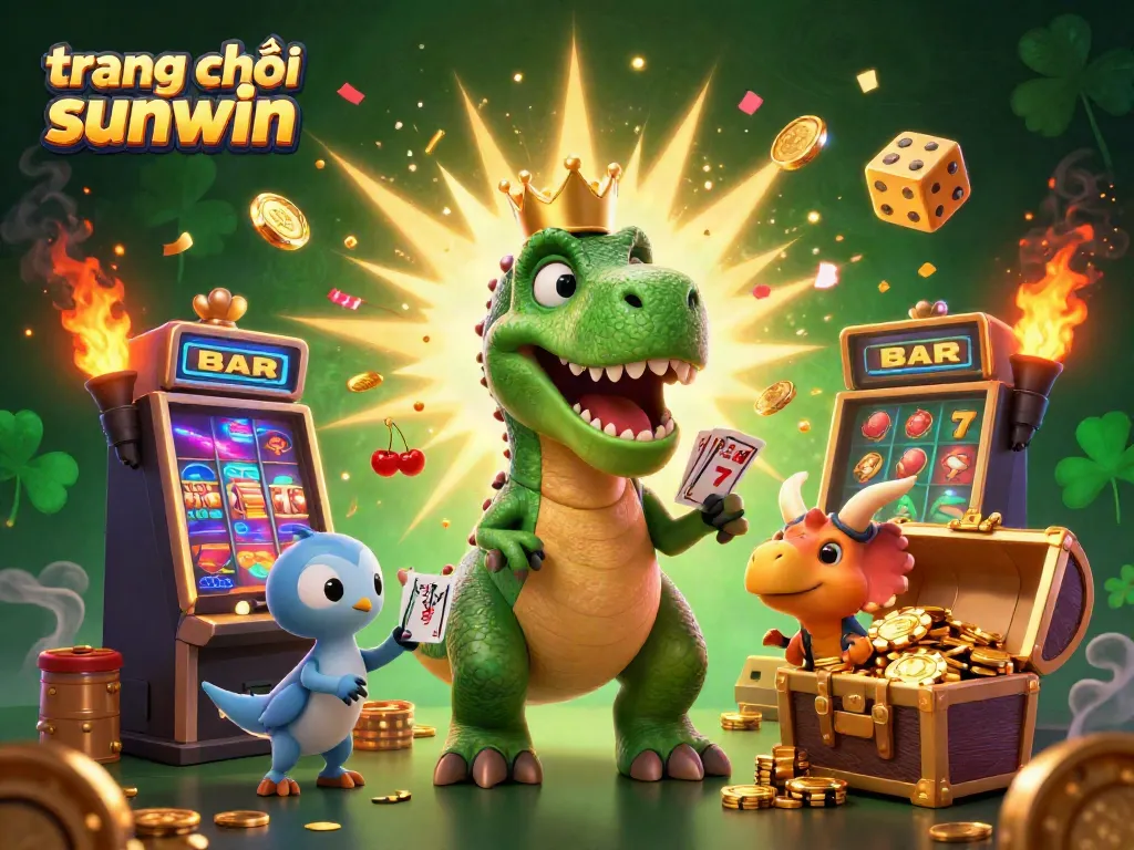 Experience the exciting world of trang chủ sunwin with a fun T-Rex and friends playing casino games and winning jackpots.