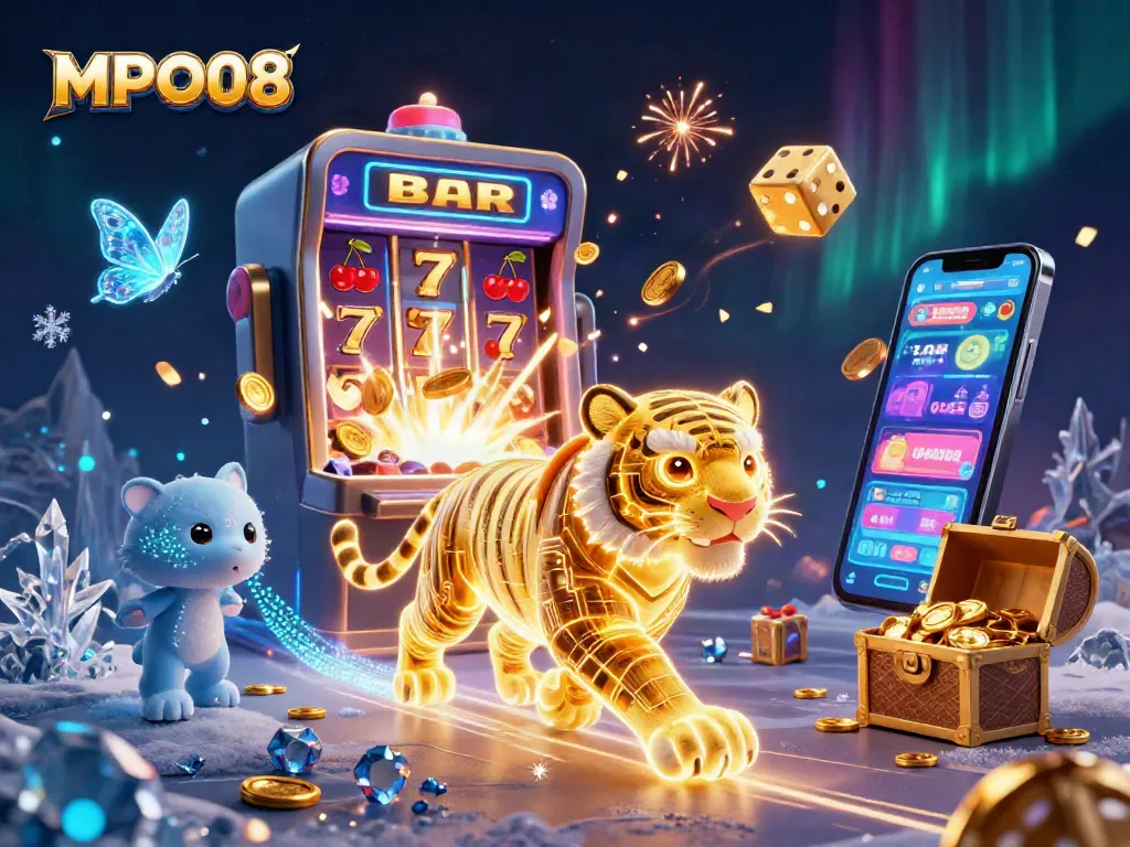 Experience MPO08's vibrant digital casino landscape with a glowing tiger and exciting gaming elements.
