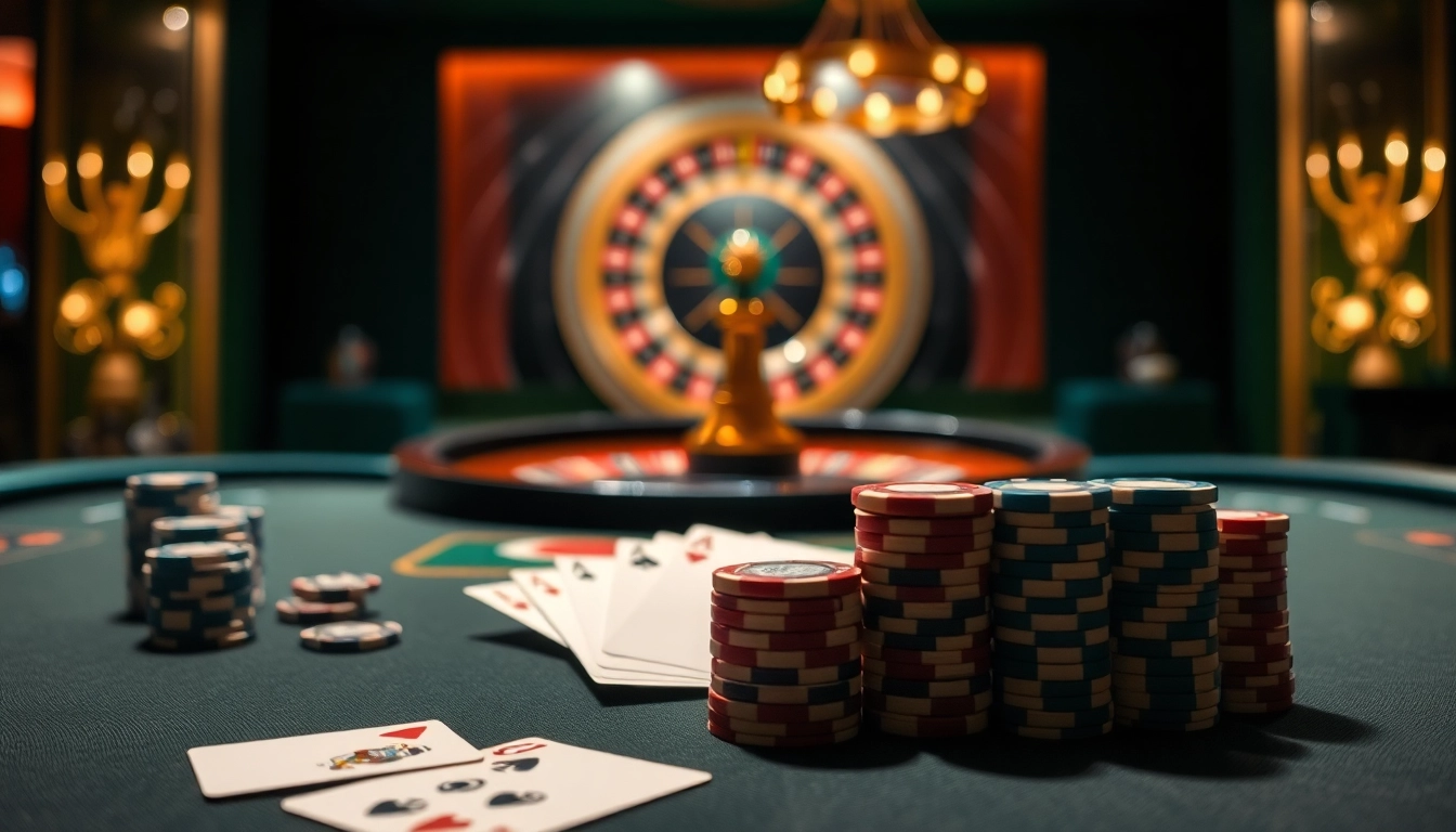 Players enjoying a tense moment at a cemeku poker table, surrounded by vibrant chips and cards.