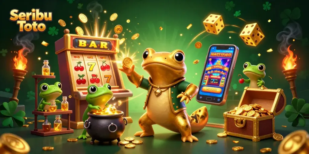 Experience Seribu Toto's enchanting world with a cartoon scene of alchemy and jackpot thrills.