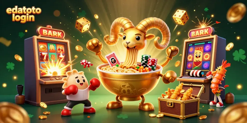 Aktivitas menarik saat login ke edatoto dengan karakter kasino yang energik dan slot kemenangan.