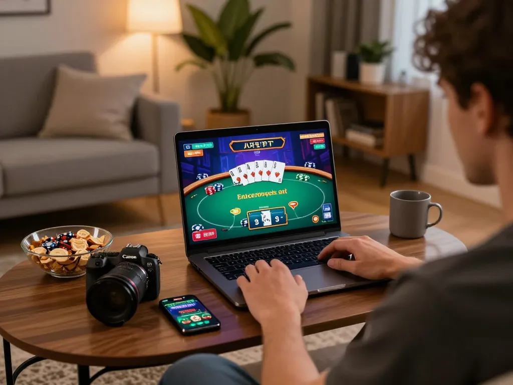 kuwin online gaming action with player engaging in poker at home setup