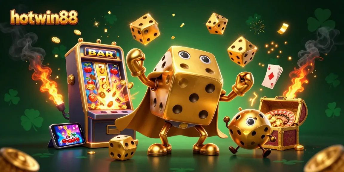 Engage with hotwin88's slot games featuring a golden dice golem and dynamic casino elements.