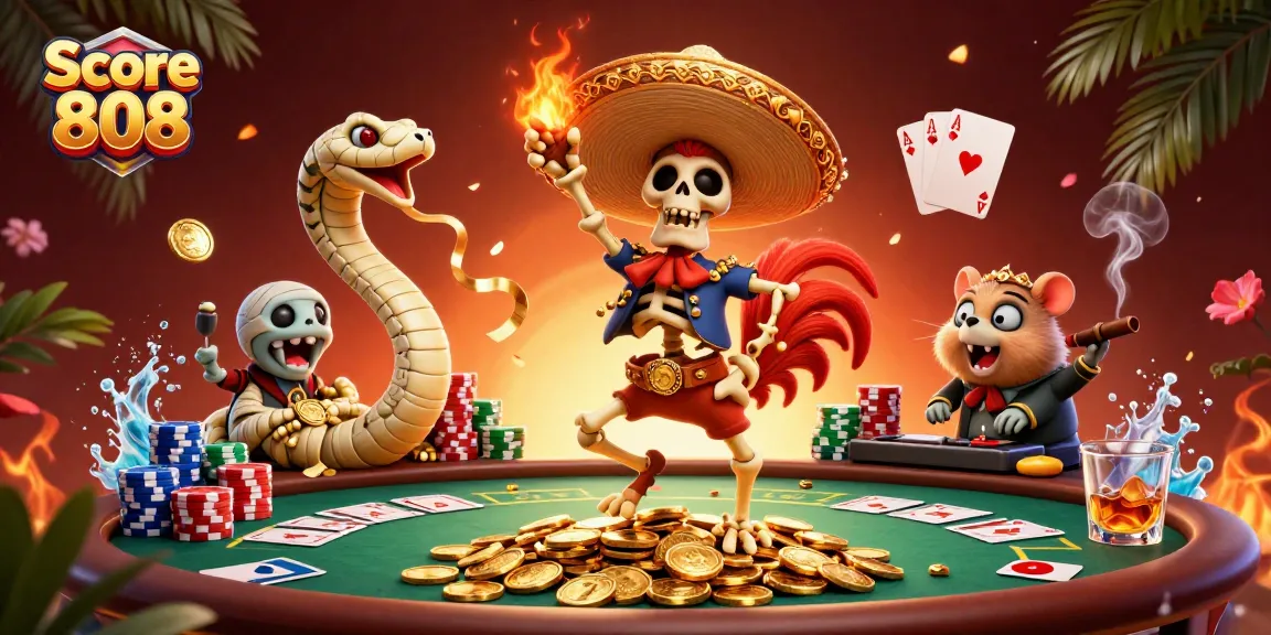 Engage in thrilling poker action with Score 808's vibrant 3D illustration filled with casino elements.