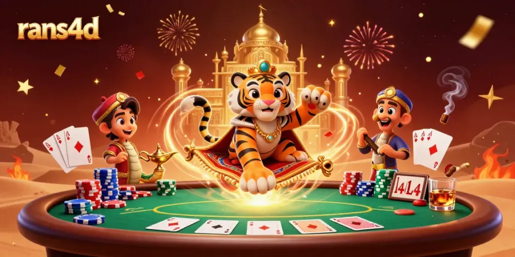 RANS4D: Ilustrasi kasino yang menampilkan sultan harimau dan teman genie di karpet terbang.