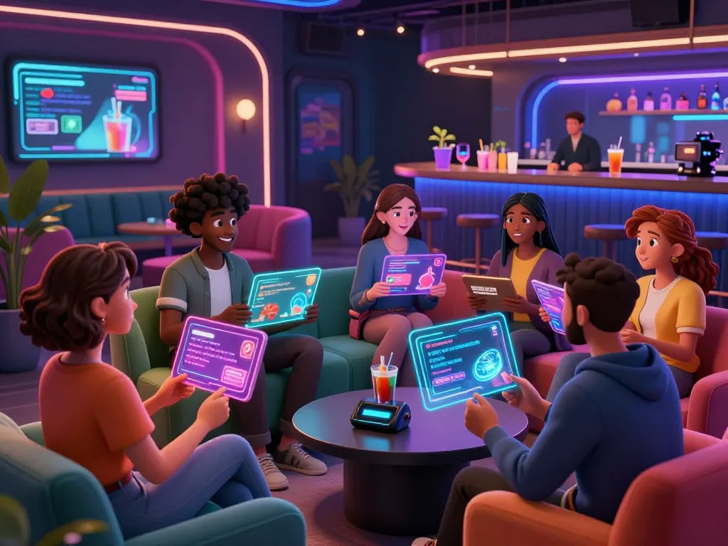A vibrant scene of diverse characters engaged in ai 18+ chat interactions in a futuristic lounge setting.