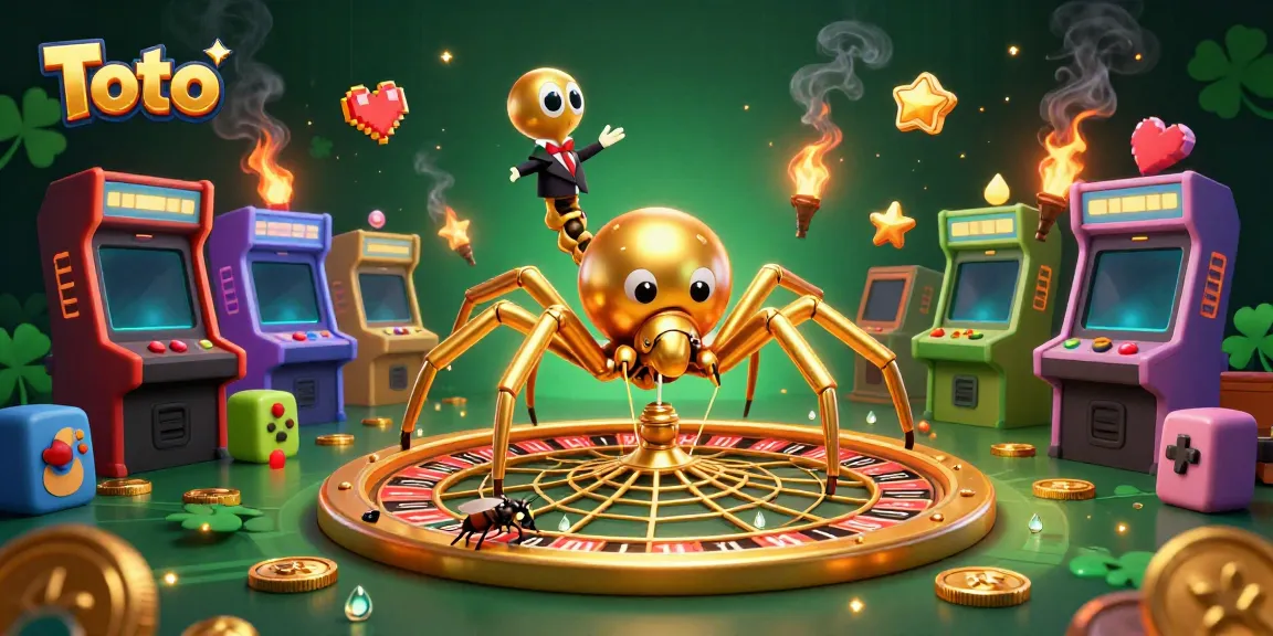 Ilustrasi 3D Toto dengan laba-laba emas dan permainan kasino, menarik perhatian pemain.