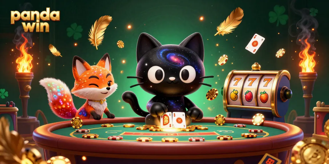 Panda win theme with a black hole cat and nebula fox gaming at a cosmic slot table