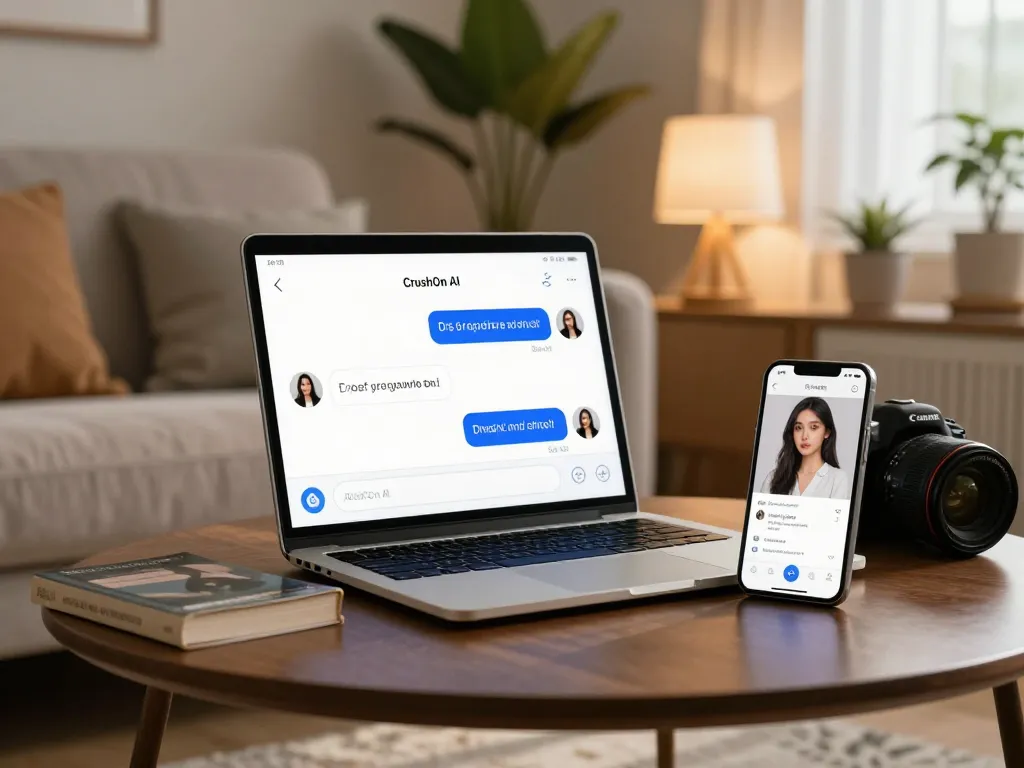 Engaging CrushOn IA chatbot interaction on a stylish laptop in a cozy atmosphere