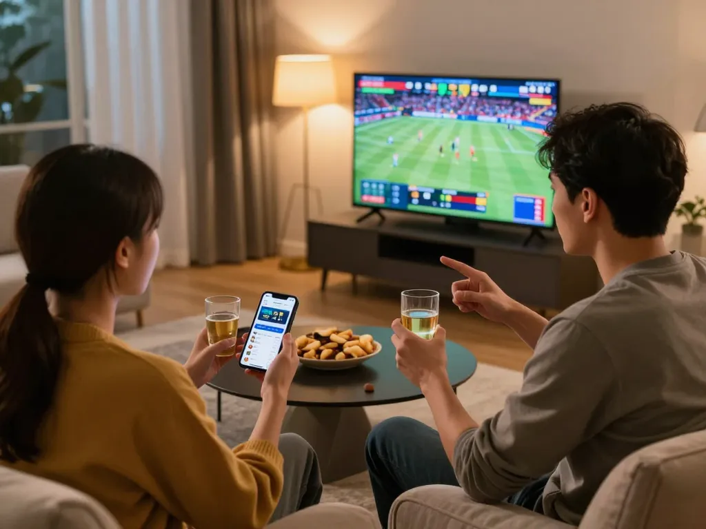 Engaged sports betting session showcasing F8bet luxury with live game analysis in a stylish home setup.