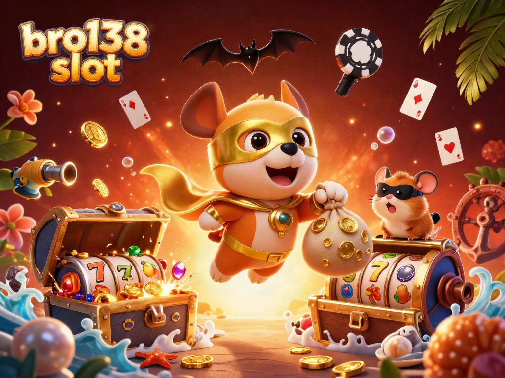 Win big with bro138 slot in this dynamic casino-themed illustration featuring cartoon characters and vibrant slot elements.