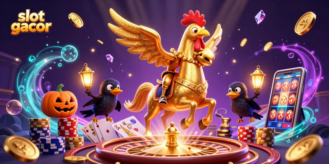 Experience slot gacor with a thrilling 3D casino scene featuring a golden rooster and dynamic game elements.