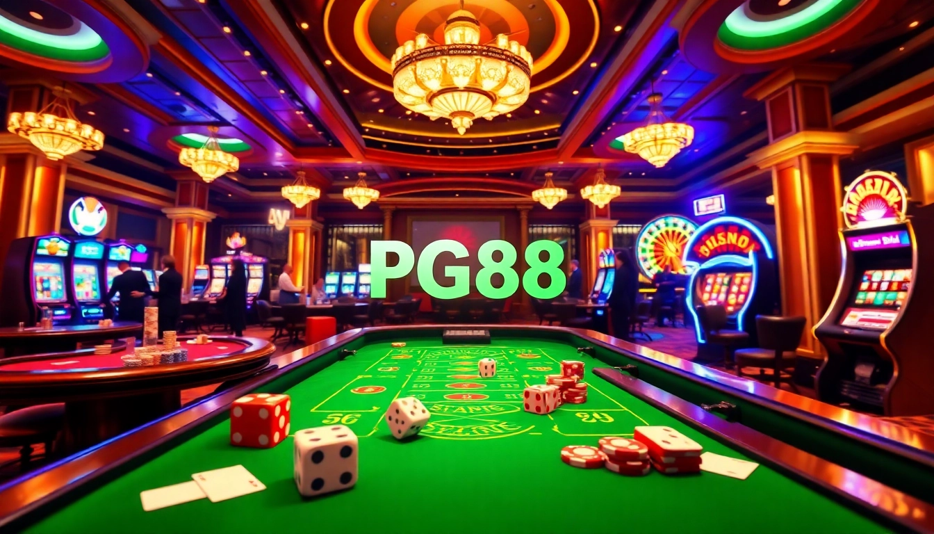 Players enjoying a vibrant casino experience at PG88 with poker tables, slot machines, and excitement.