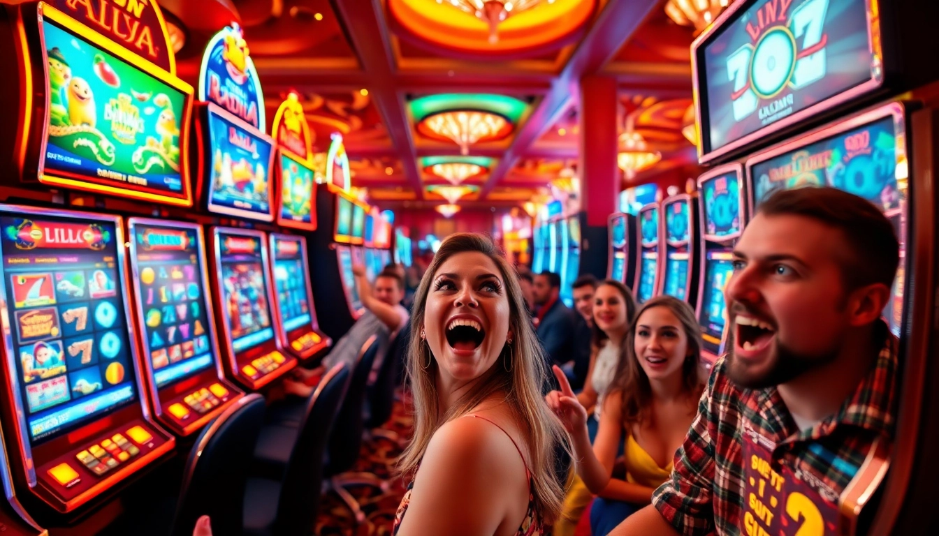 Slot machine yang menarik dengan pemain bersemangat di kasino mengenakan suasana ceria.
