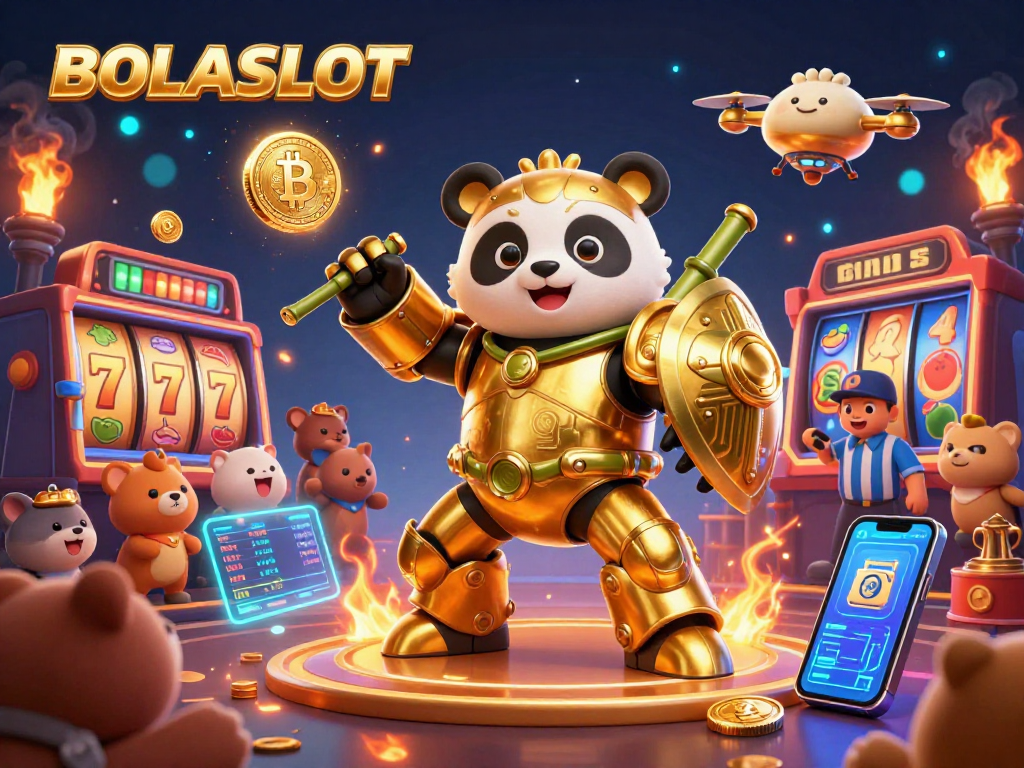 BOLASLOT gaming scene showcasing a golden panda piloting a robot amidst a vibrant casino with slot reels and crypto elements.