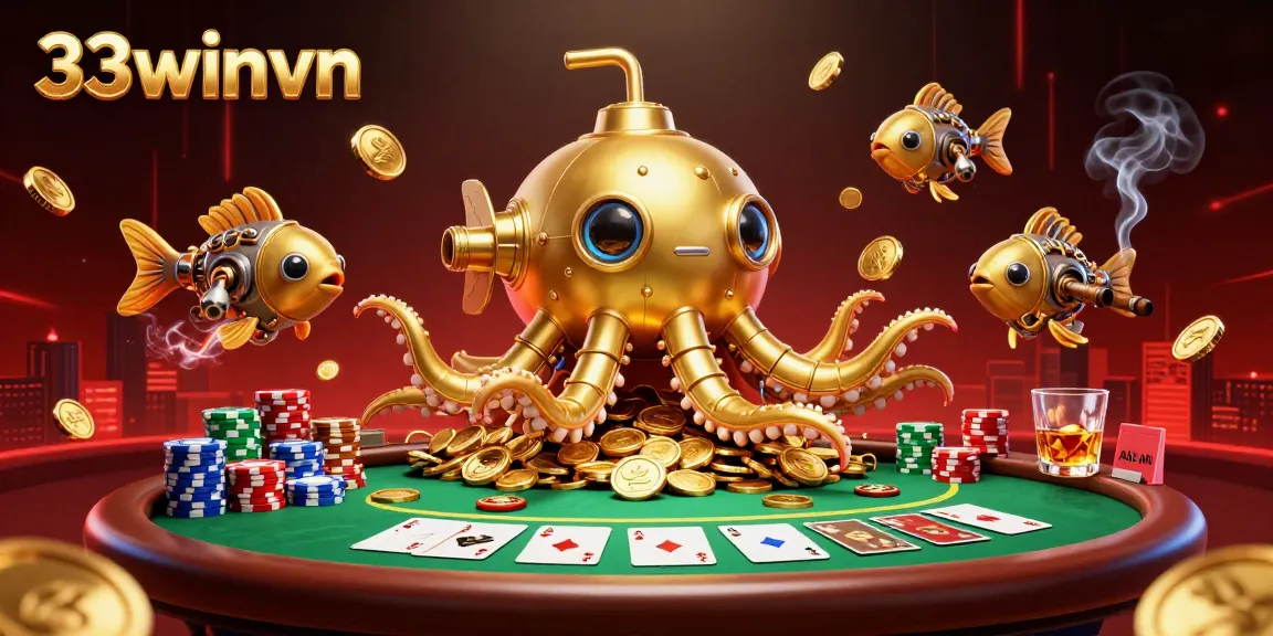 Engage with thrilling gameplay at 33winvn, featuring a golden kraken submarine in a vibrant casino environment.