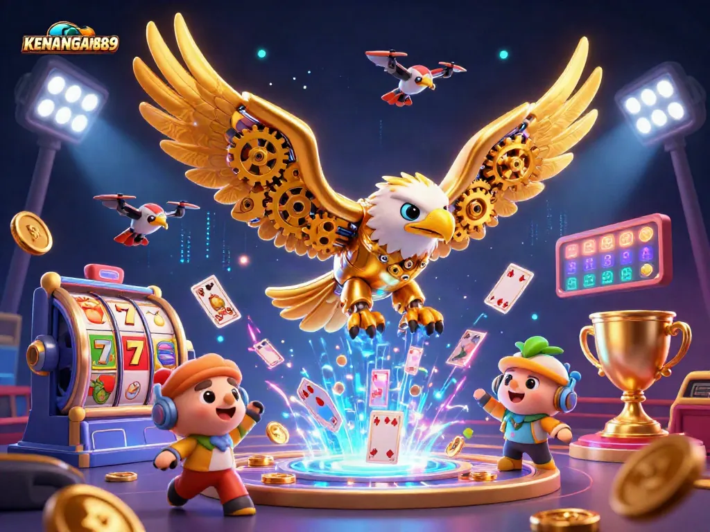 Bet on excitement with KENANGAN889, featuring a dynamic scene of slot reels and golden eagle.